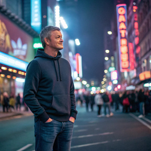 Ole Gunnar Solskjaer standing in a bustling urban street with neon lights. He is dressed casually in a hoodie and jeans.