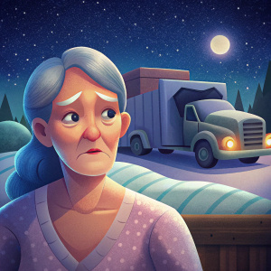 Una mujer vieja y muy fea despierta por los ruidos de un camion afuera en la noche, la mujer esta durmiendo al lado de su hija grande