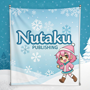 Digital illustration of a promotional banner for Nutaku Publishing. Winter theme with snowflakes and cool blue hue. Cartoon character with pink hair and outfit on right side. Nutaku logo prominently displayed.