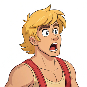 Cartoony character, male, blonde hair, bulging muscles, wide-eyed shock. Simple white backdrop.
