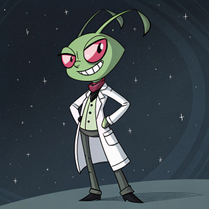 Invader Zim, detailed anime-style illustration, Zim with large green antennae and white suit. Dark background with stars.