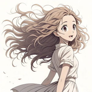 Anime illustration of a girl with flowing, wavy hair. She is depicted in various dynamic poses.