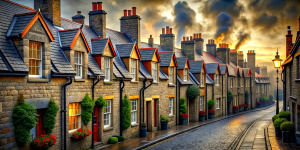 Street of a Victorian city. Evening. Stone houses with red tiled roofs, wooden window frames, wooden doors, smoke coming from two chimneys. There are Christmas decorations on the windows and doors of the houses.