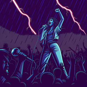 Live concert snapshot. Dua Lipa performs with intense energy. Stage lit with dramatic red neon lights and various musical instruments.