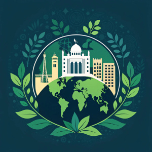 The Manipal University Jaipur MUN logo. Digitally illustrated with an abstract world map, green foliage, and a building silhouette. Contemporary design, dark background, and predominantly green color palette.