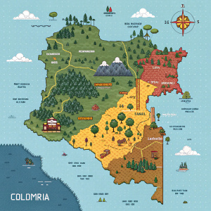 Detailed pixel art map showcasing Colombia. Vibrant colors and geometric shapes. Forests, cities, and coastlines clearly marked.