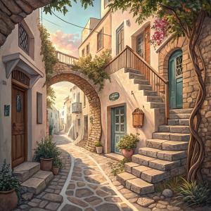 Narrow cobblestone lane in Naxos old town, lined with pastel-colored buildings. Stone stairs and rustic archways.