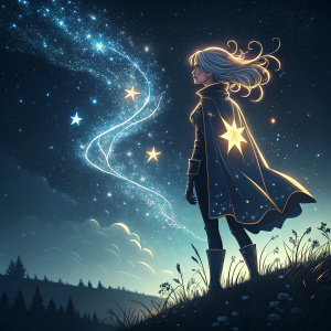 Digital artwork featuring Elaina from League of Legends. Glowing silhouette against starry night sky.