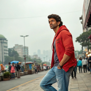 Hrithik Roshan in a casual outfit. Blue jeans and red hoodie, posing outdoors on a bustling city street.