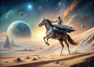 A Jedi horse standing on a spaceship landing on a sandy planet.
