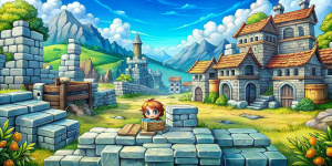 A close-up fantasy scene close-up front view, in the foreground there is a stone foundation, stacks of stone blocks, stacks of boards, free space in the center with chibi character
in the background there is a medieval town, low angle