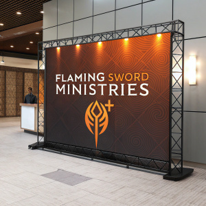 Flaming Sword Ministries UK branding design. Modern, sleek layout. Predominantly orange and brown colors. Stylized logo and consistent branding elements arranged in a grid format. Professional and contemporary digital display.