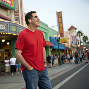 Adam Carolla in a casual setting, wearing a red t-shirt and jeans. The background is a vibrant outdoor street scene.