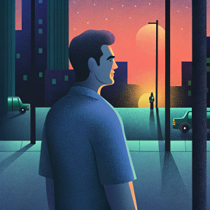 Matt Dillon, actor, in a casual blue shirt, standing alone on a city street at sunset.