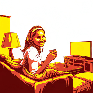 A young woman, seemingly of Asian descent but with Caucasian features, posing with a smile in a cozy, modern living room. She's dressed in a casual white top and a headband, holding a drink.