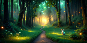 Dark mysterious woods in the evening. Disney-style landscape. Rich, vibrant colors. Tiny glowing fireflies in the air. A lot of green. A tiny white rabbit is in the center.