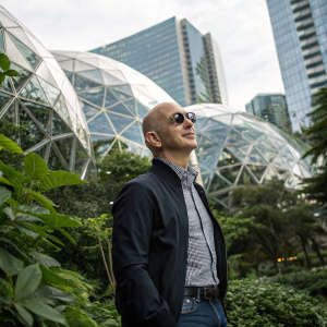 Jeff Bezos, bald, in sunglasses, standing in front of Amazon Spheres, surrounded by lush greenery and modern architecture.