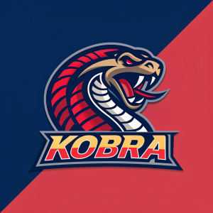 Design portfolio showcasing the 'Kobra' brand logo. Aggressive snake with fierce expression. Vibrant red and dark blue backgrounds. Brand name prominently featured.