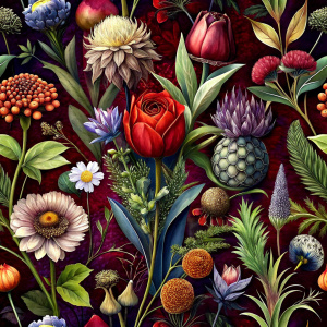 DARK RED  background, watercolor image with dark brown   background , oliveWAXFLOWER ,cream  protea  ,mentha ,campanula ,POPPY wild lupine , brown ALLIUM,carmine  WILD BERGAMOT , green RATTLESNAKE MASTER ,nodding onion , ZINNIA , PARROT TULIP , ivory achillea, physalis , watercolor, dark brown  background