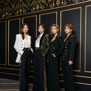 Lapillus, the k-pop group, posing formally. Shana, Yue, Bessie, Seowon, and Haeun, each in a unique hairstyle. They wear matching elegant attire. Professional photo shoot in a studio with sleek black backdrop and intricate gold accents.