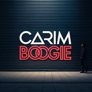 Digital artwork featuring Carim Boogie logo. The logo is a bold and modern text design with a textured, ribbed background. Dark background with contrasting colored text. High contrast between logo and background.