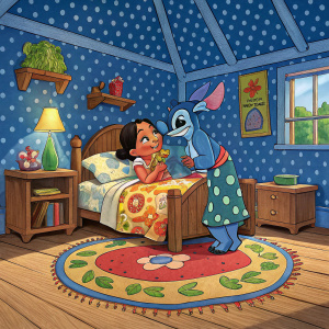 Cartoony illustration from 'Lilo & Stitch 2', showing a cozy bedroom. Blue walls with polka dots, wooden furniture, and a colorful rug. Nani sitting on the bed with Lilo