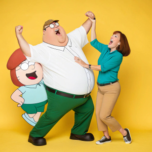 Peter Griffin, a large man in a white shirt and green pants, and Lois Griffin, a woman in a teal shirt and tan pants, posing for a fun photo. The scene is set against a vivid yellow background with animated details.