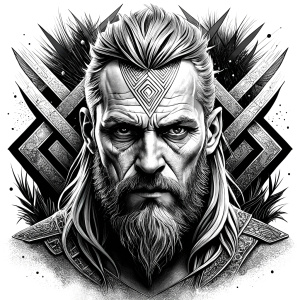 walhalla, viking warrior,  runics face, black work, white backrounds