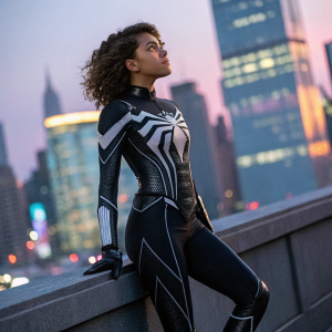 MJ from Spider-Man, played by actress Tom Holland's co-star, stands against a vibrant cityscape backdrop. She wears a sleek, high-tech black and white suit with intricate details. Her curly hair frames her face as she poses confidently.
