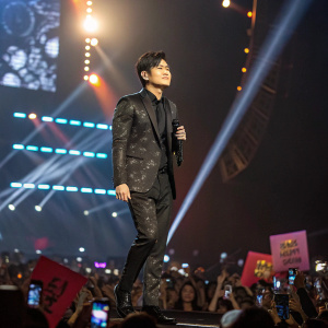 Jay Chou, award-winning artist, on stage at the Golden Melody Awards. Dressed in a sleek black suit with a subtle pattern, standing confidently amidst bright stage lights and cheering fans.