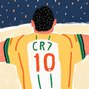 Cartoon illustration of Cristiano Ronaldo. He wears a yellow jersey with 'CR7' and '10' on it. Background is dark blue with stars
