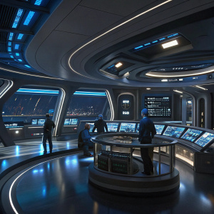 Concept art of a starship bridge from the movie 'Star Trek: Discovery'. The room is vast, with multiple stations and advanced control panels, illuminated by soft blue lighting, set against a dark background