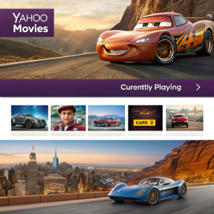 Yahoo Movies homepage featuring a lineup of new movie trailers and upcoming showtimes. Ads for various films, special promo codes, ticket purchasing options. Currently playing section highlights Cars 2.