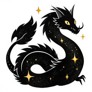 SCP-7777, a huge wingless fluffy black dragon with stars on the sides, huge white glowing eyes and a long tail