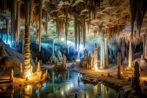 Crystal Cavern: Stalactites and stalagmites glistening in the dim light of an underground cave.
