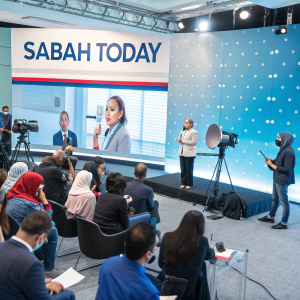 Digital marketing campaign launch for Sabah Today. Press conference with journalists and team members.