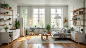 Scandinavian style small studio apartment with stylish design in light pastel colors with big window, living room, kitchen space and bed. 