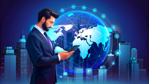 Digital marketing, global business, e-commerce concept. Businessman using mobile phone and laptop computer with global internet network connection technology, social media marketing