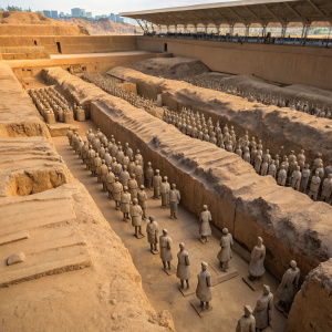 Drone view of the Terracotta Warriors. Qin Shi Huang's army, displayed in varying battle formations. Desert-like, archaeological setting