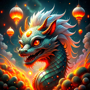 A majestic golden baby dragon with nice scales with piercing and captivating eyes and no ears. Open mouth.The gold baby dragon is surrounded by an array of colorful Chinese lanterns, which cast a warm, festive glow over the scene.  In the background, an impressive fireworks display illuminates the night sky, contributing to the festive atmosphere. Realistic details, Ultra high definition