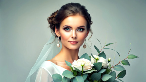 beautiful bride in a white with a bouquet of eucalyptus and white flowers