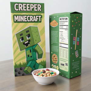 A creative Minecraft-themed cereal box design. Features Creeper character, nutrition information, and game tips.