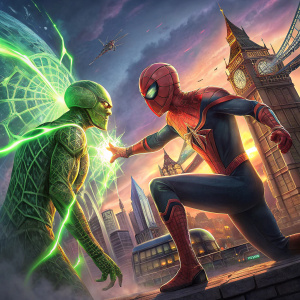 Concept art for Spider-Man: Far From Home. Digital illustration featuring Spider-Man in an intense confrontation with a glowing green alien creature. Background depicts a futuristic cityscape with vibrant colors.