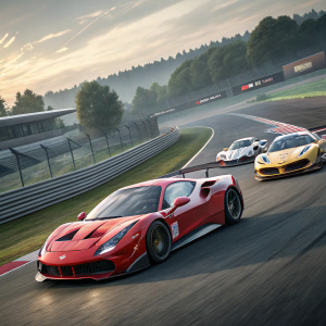 Promotional image for Assetto Corsa Competizione 3rd Edition. High-speed racing scene featuring a lineup of sleek, roaring sports cars zooming around the track.
