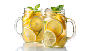 Homemade refreshing summer lemonade drink with lemon slices and ice in mason jars isolated on white background