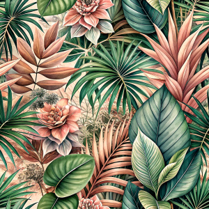 Pattern Seamless, Vector, Vintage Old Soft Colors, Shade Pink, Abstract Hand-Draw, Tropical Plants, Leaves and Flowers Leopard Prints. White background