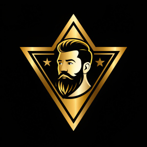 Logotipo para barberia triangular color dorado con negro, fondo blanco, hombre con barba, letras Texto EU
