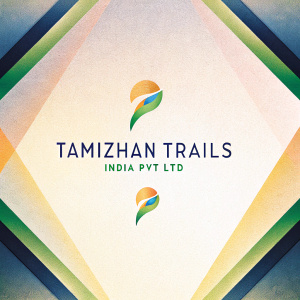 Digital artwork showcasing the Tamizhan Trails India PVT LTD logo. The design includes a stylized figure, company name, and designer's name in vibrant green and gold hues. Set against a sleek, modern background, the text is prominently displayed and easily readable.