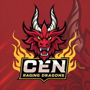 Digital illustration for 'CEN Raging Dragons' logo featuring fierce dragon head with sharp horns and menacing eyes. The design is set against fiery red background with black and yellow accents. The text 'CEN Raging Dragons' is displayed in bold, stylized font.