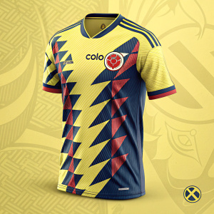 Digital illustration of Colombian national team soccer jersey. Vibrant yellow base, dark blue and red accents. Modern design with pattern and logo. Prominent number and logo on front. Flat frontal view, man's fit. Bright yellow background.